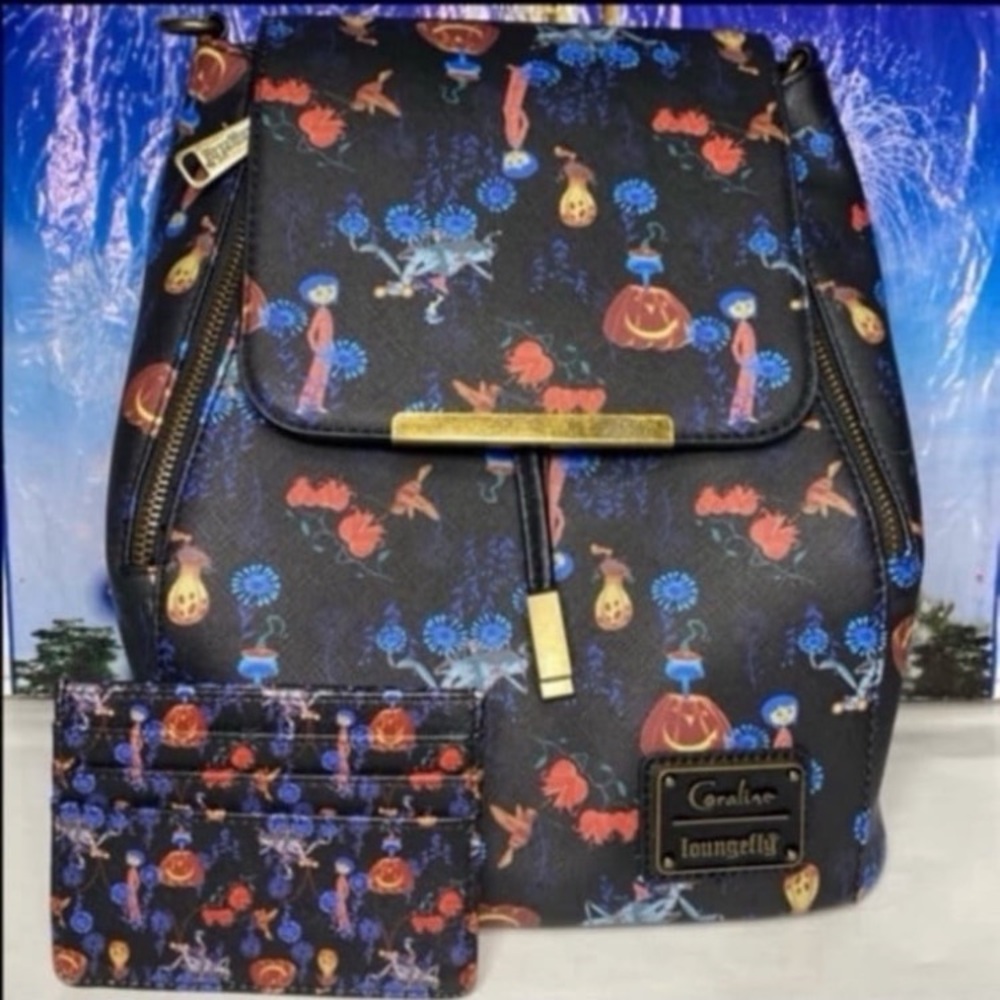 Disney coraline convertible Loungefly mini backpack & cardholder SET